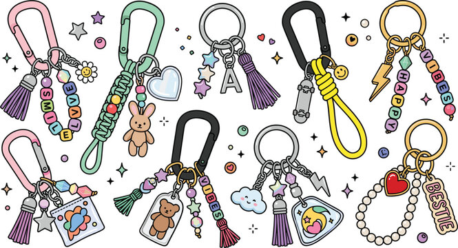Trendy Y2K keychain vector collection with letter beads, colorful tassels, charms and custom paracord lanyards