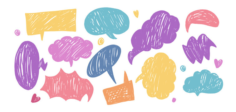 Set of hand drawn speech bubbles, colorful doodle talk clouds, vector illustration