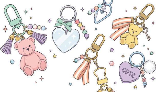 Cute teddy bear keychain vector collection with pastel hearts beads and tassels for accessory designCute teddy bear keychain vector collection with pastel hearts beads and tassels for accessory design