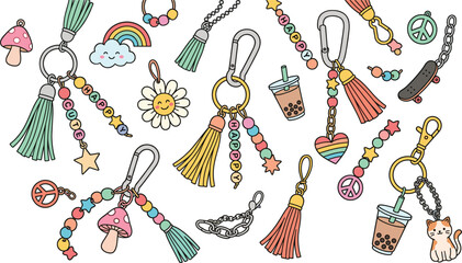 Cute keychain and beaded keyring charm set, tassel accessory collection vector cartoon doodle illustration © Sagor