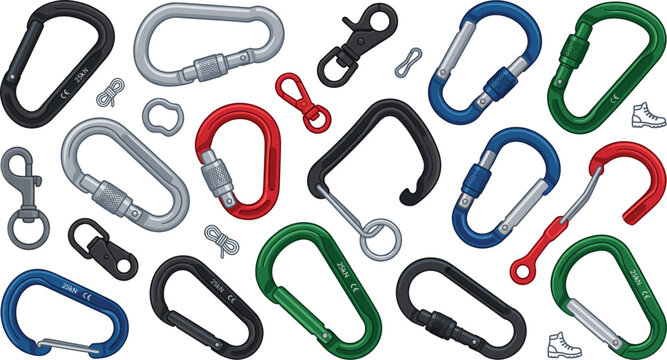 Carabiner and climbing snap hook icon set, safety hardware clip vector cartoon doodle illustration collection