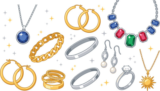Gold and silver jewelry icon set, luxury fashion accessories vector cartoon doodle illustration collection