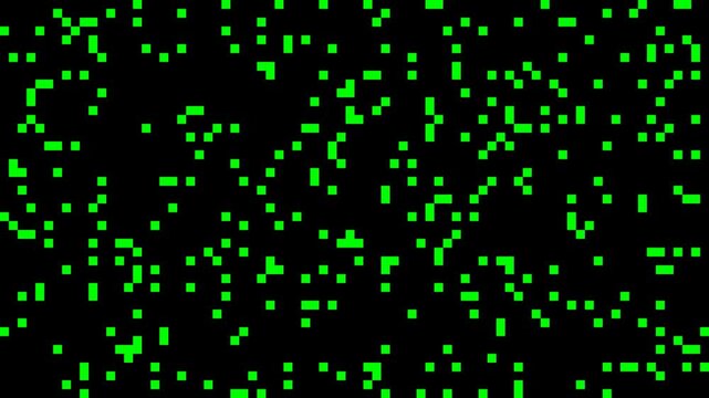 Abstract digital background with scattered green pixels on a black void, representing data or a glitch effect.