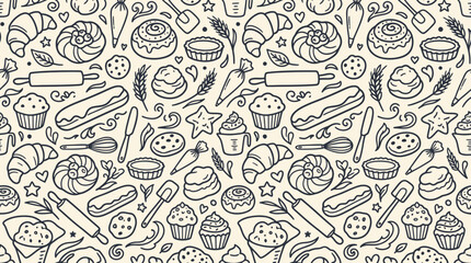 Naklejka premium A seamless pattern illustration showcases various sweet baked goods and utensils.