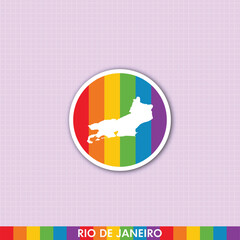 Fototapeta premium Bold rainbow pride sticker featuring Rio de Janeiro state map. Great for LGBTQ+ themed prints, cards, merchandise and digital design.