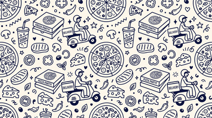 Food pattern illustration featuring pizza, books, and scooters in a playful design © Crushin