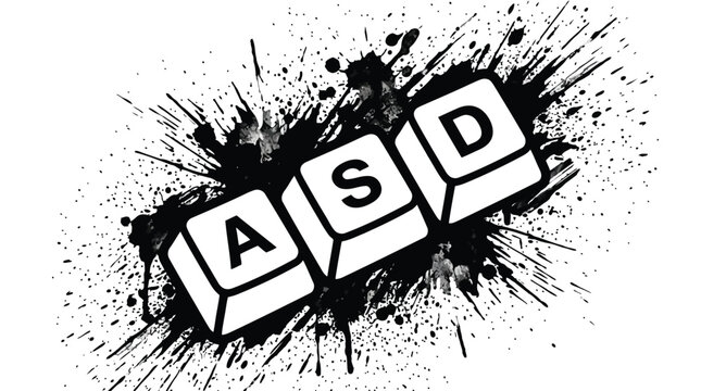 Black and white illustration of asd letters on blocks with paint splatter