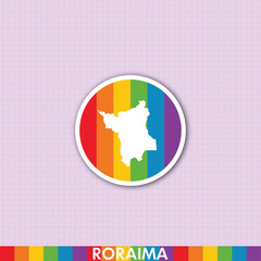 Fototapeta premium Bold pride rainbow sticker featuring Roraima state map shape. Ideal for LGBTQ+ art, social media, creative prints and digital projects.