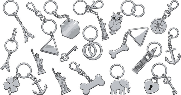 Metal keychain and keyring charm icon set, souvenir pendant vector cartoon silver metallic illustration