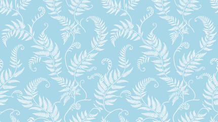 A hand drawn leaf pattern design on a light blue background with white ferns and foliage creates a natural texture. © Crushin