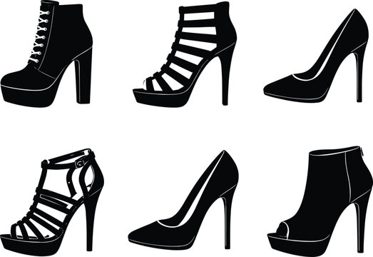 Set of high heels silhouette vector icons featuring various fashionable women shoes, boots, and strappy stiletto sandals