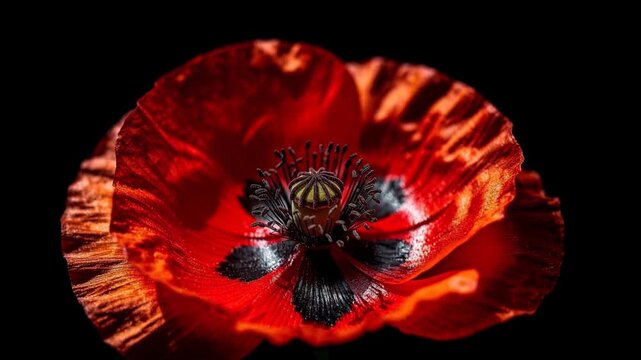 Close up of vibrant red poppy flower with detailed petals and dark background nature macro photography