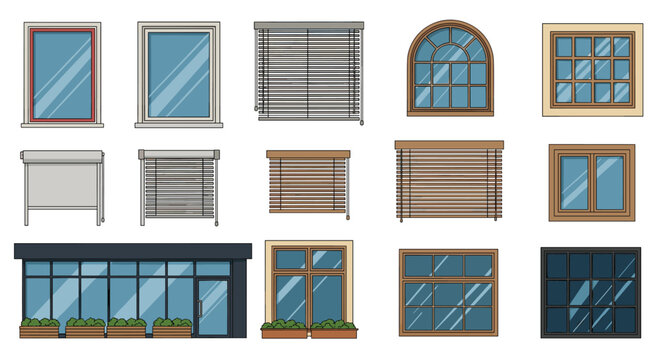 Comprehensive set of various window designs including round, rectangular, large shopfronts, and windows with different blind styles on white.