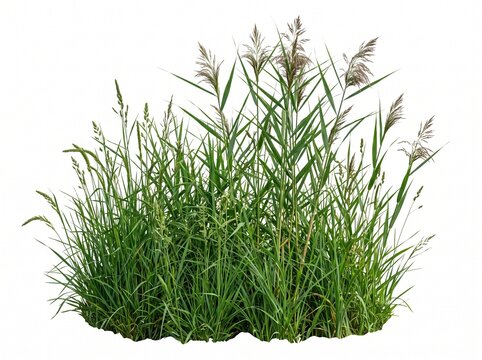 Ultra-sharp, high-resolution of wild green grass and reeds isolated on a solid white background. Perfectly detailed cutout element for architectural visualization, landscape design, and digital compos