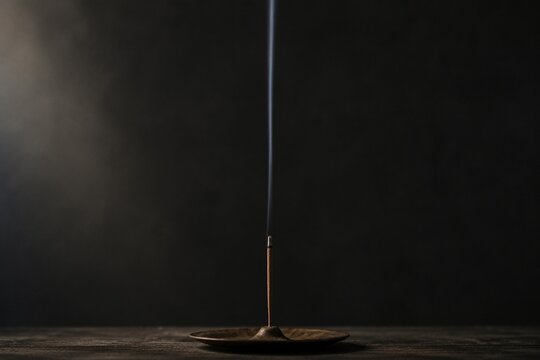 A nearly burned incense stick with a thin, straight line of rising smoke.