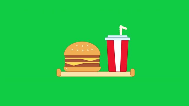 Fast Food Meal with Burger and Soda cartoon Animation Looping Green Screen