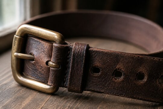 Close-up of a thick worn leather belt with buckle and eyelets.