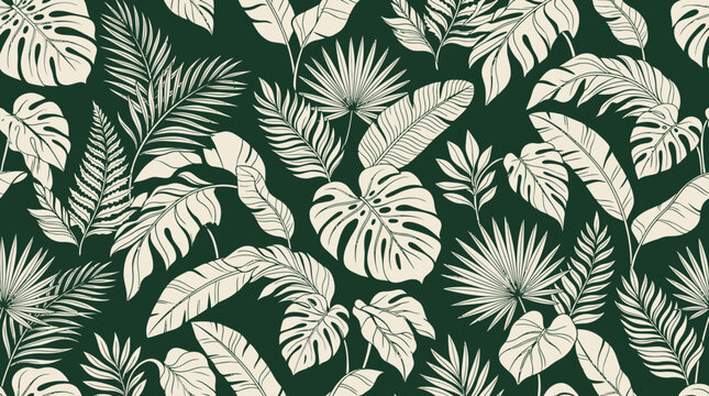 Hand drawn leaf pattern illustration features various tropical leaves on dark green background