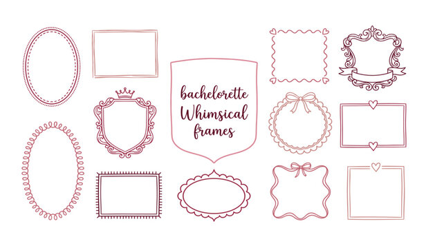 Whimsical frames transparent frames vector set, cute bachelorette party border collection, elegant pink hand drawn doodle frames, romantic heart and ribbon decoration elements.