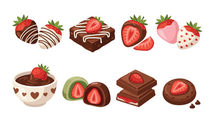Strawberry chocolate transparent strawberry vector set, sweet dessert brownie and mochi collection, delicious berry glaze cookies icons, valentine day romantic food decoration elements. © Creative Studio 