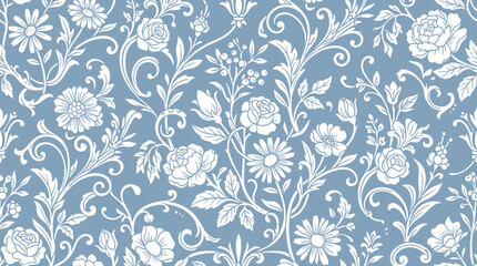Fototapeta premium A hand drawn leaf pattern featuring white flowers on a blue background