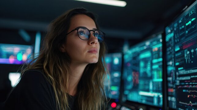 Female cybersecurity analyst monitoring digital dashboards in a security operations center, analyzing threats, network activity, and real-time enterprise cyber defense.