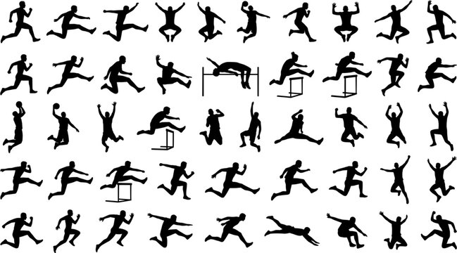 Diverse Athletic Silhouettes Showcasing Running Jumping Hurdles and High Jump