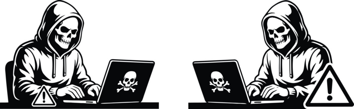Skull hacker vector silhouette set with laptop and warning sign isolated on white background for cyber security breach graphic elements (Exactly 20 words)