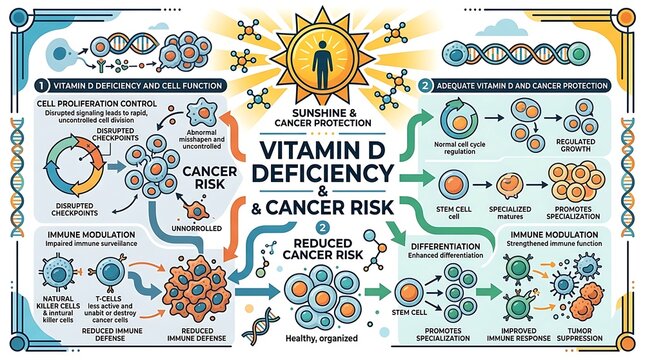 Medical infographic about vitamin d deficiency and cancer risk