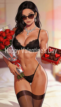 Biglietto di San Valentino con una donna in lingerie nera che tiene un mazzo di fiori e dei cioccolatini, Valentine's Day card with a woman in black lingerie holding a bouquet of flowers and chocolate
