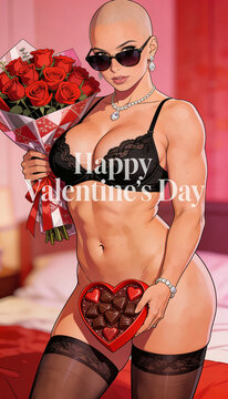 Biglietto di San Valentino con una donna in lingerie nera che tiene un mazzo di fiori e dei cioccolatini, Valentine's Day card with a woman in black lingerie holding a bouquet of flowers and chocolate
