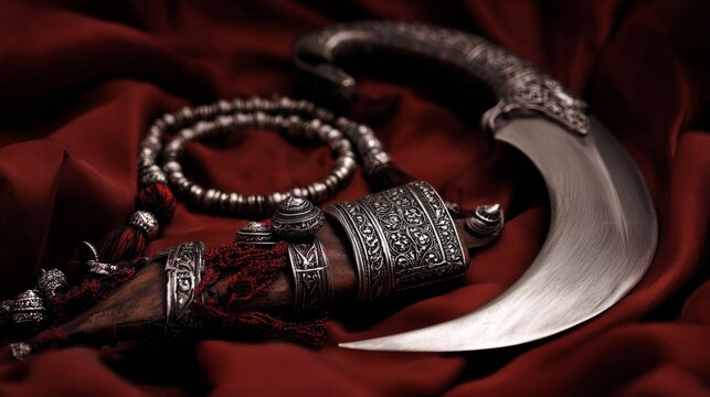 Ceremonial kirpan dagger with ornate sheath on burgundy velvet, cultural heritage and respectful presentation&hellip;
