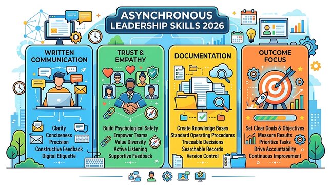 Asynchronous leadership skills infographic for future work success
