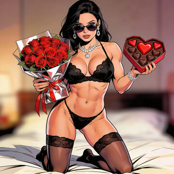 Biglietto di San Valentino con una donna in lingerie nera che tiene un mazzo di fiori e dei cioccolatini, Valentine's Day card with a woman in black lingerie holding a bouquet of flowers and chocolate