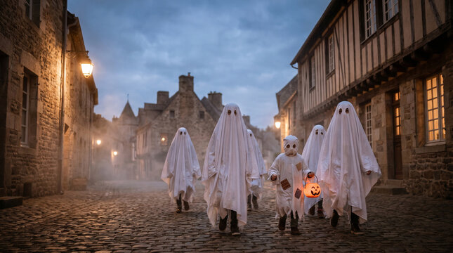 children in ghost costumes trick or treating on old european street