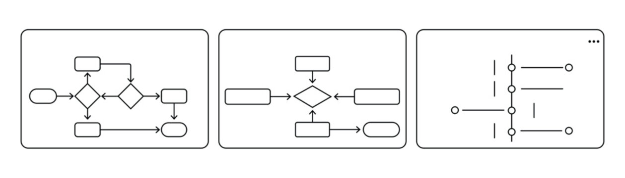 Collection of three distinct wireframe diagrams on transparent background, featuring two complex flowcharts with decision points and a timeline diagram, suitable for process and project visualization.