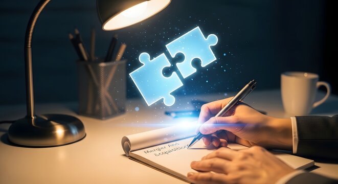 Mergers and acquisitions concept hand writing with glowing puzzle pieces above open notebook