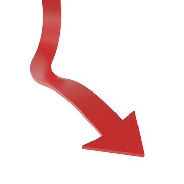 A3d rendered red arrow pointing downwards with a curved shape, isolated on a white background, for business and, financial data analysis