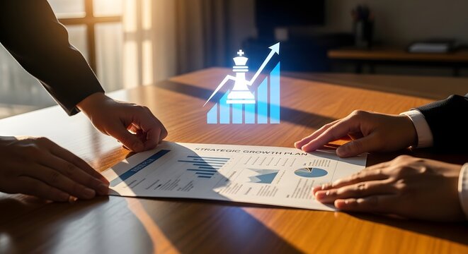 Business professionals analyzing strategic growth plan with chess piece and data visualization overlay