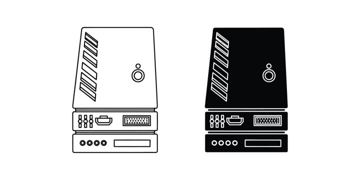 Desktop computer tower case set in outline and solid black styles for modern pc hardware and gaming setup