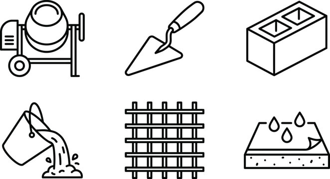 Concrete works line icons with cement mixer and block