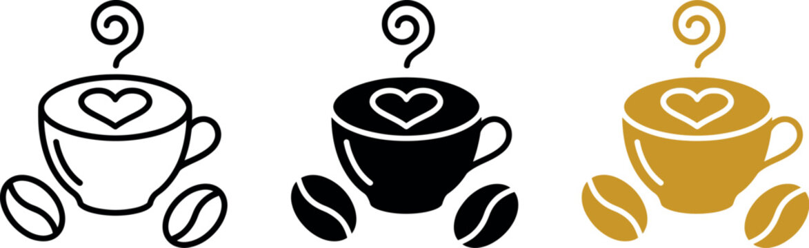 Coffee cup with heart latte art and coffee beans set