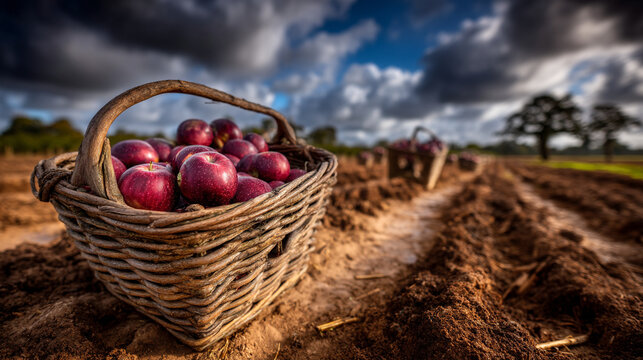 Wicker basket full of freshly harvested red apples in a soil tilled orchard row