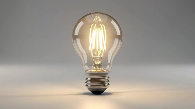 Glowing vintage light bulb with warm filament on neutral background illuminating space