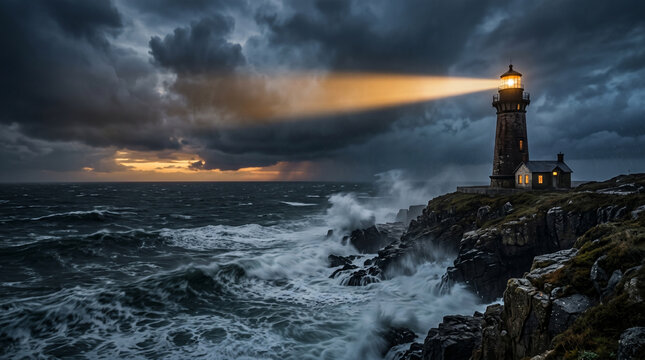 Dramatic storm at sea with a glowing lighthouse on a rocky cliff at twilight