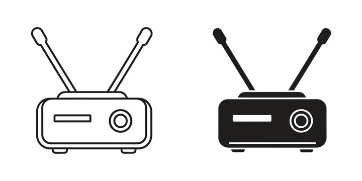 Digital tv receiver box set in outline and solid black styles for media broadcasting and television equipment