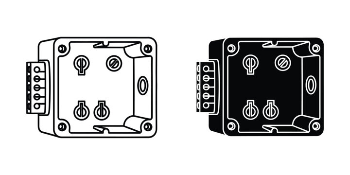 Electrical junction box set featuring square housing with internal mounting points in outline and solid style