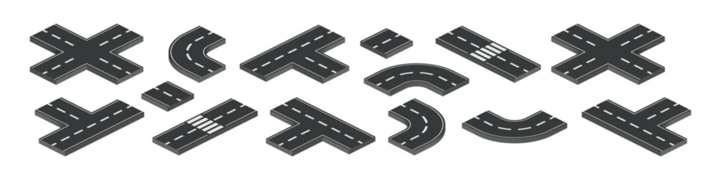 Road isometric intersection element set. Roadway elements isometry vector style.