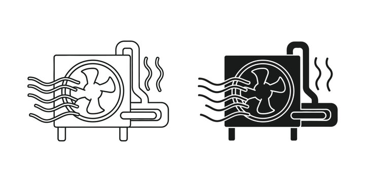 Industrial air conditioner unit set in outline and solid black styles for hvac climate control system