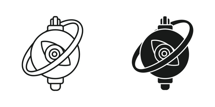 Minimalist eye inside gyroscope set in black and white outline and solid style for modern ui vision rotation